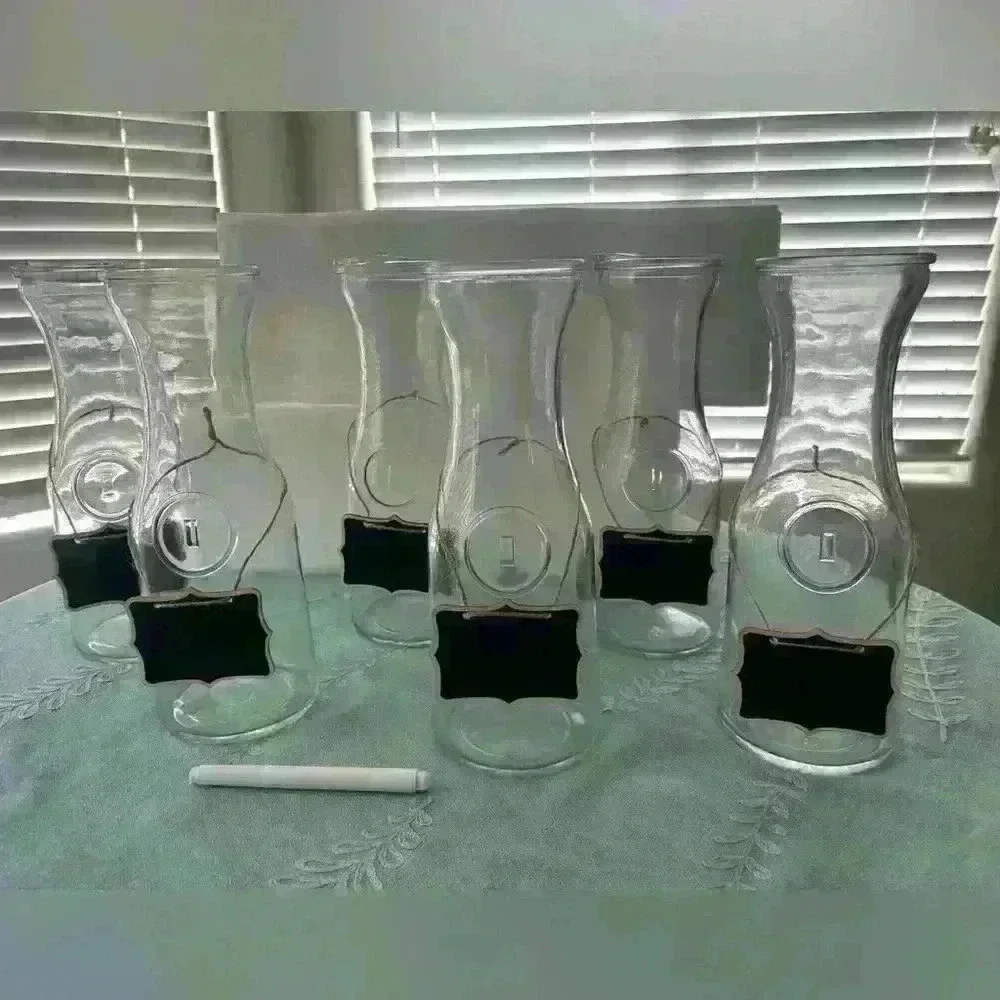 🐮 6 Glass Milk Bottles, 6 covers, black chaulk hanging tags and white marker